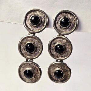 Vintage Modernist Silver Tone Black Cabochon Dangle Clip On Earrings Brutalist